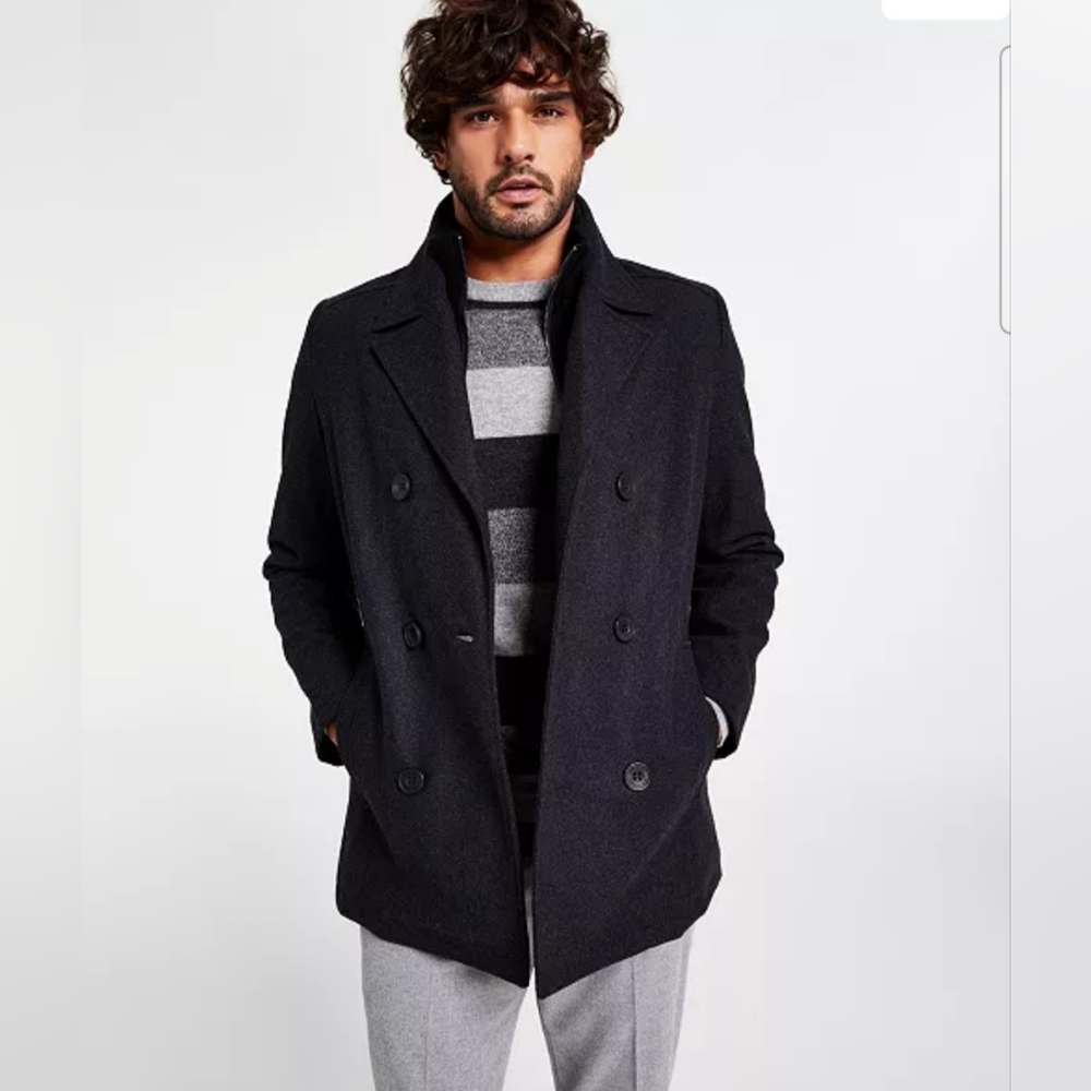 Kenneth ColeMen's Double Breasted Wool Blend Peacoat with Bib